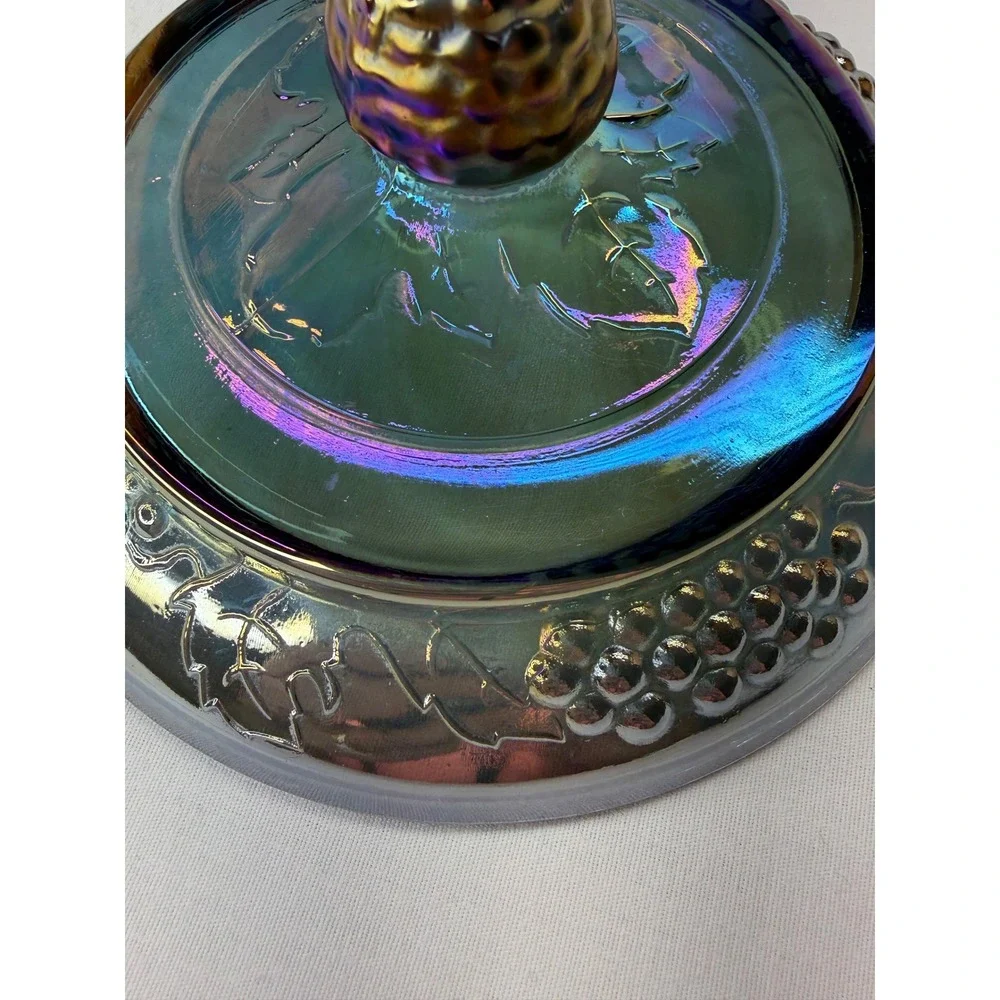 Vtg Carnival Glass HarvestGrape Compote Iridescent TealBlue Candy Dish Lid 9.75